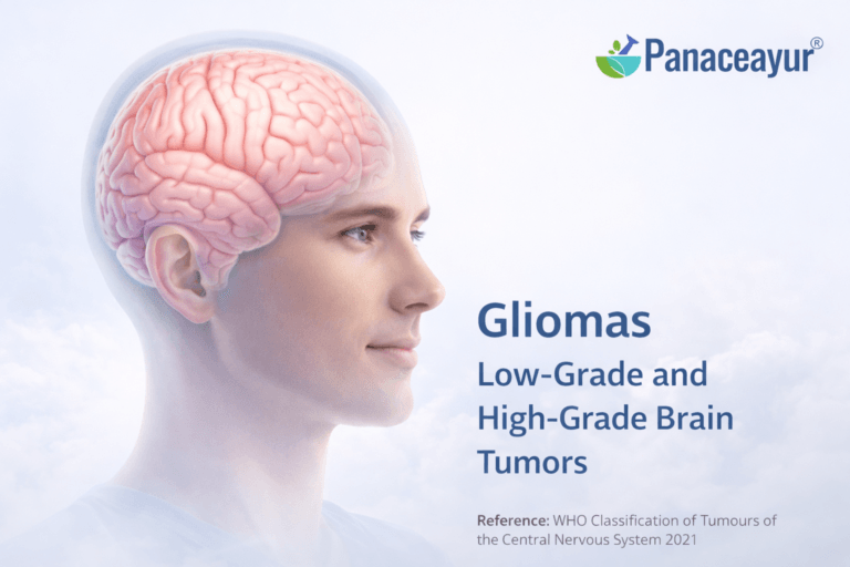 Clinical illustration showing the human brain to represent low-grade and high-grade gliomas, with a focus on diagnosis, recovery, and evidence-based medical care.