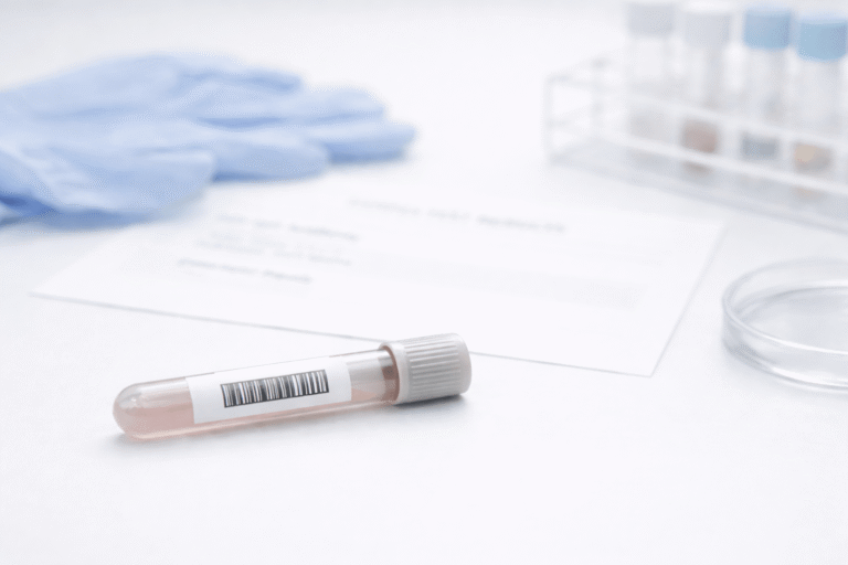 HSV IgG blood sample tube with barcode label on white clinical laboratory surface
