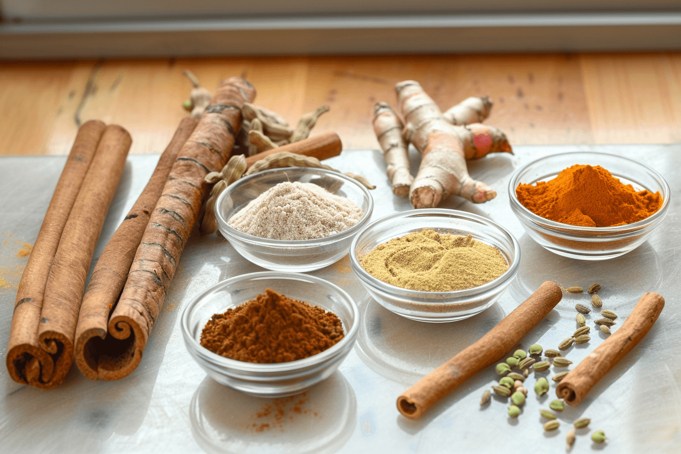 Ayurvedic herbs including turmeric, fenugreek, cinnamon, guduchi and ashwagandha used for hormonal balance and reproductive health.