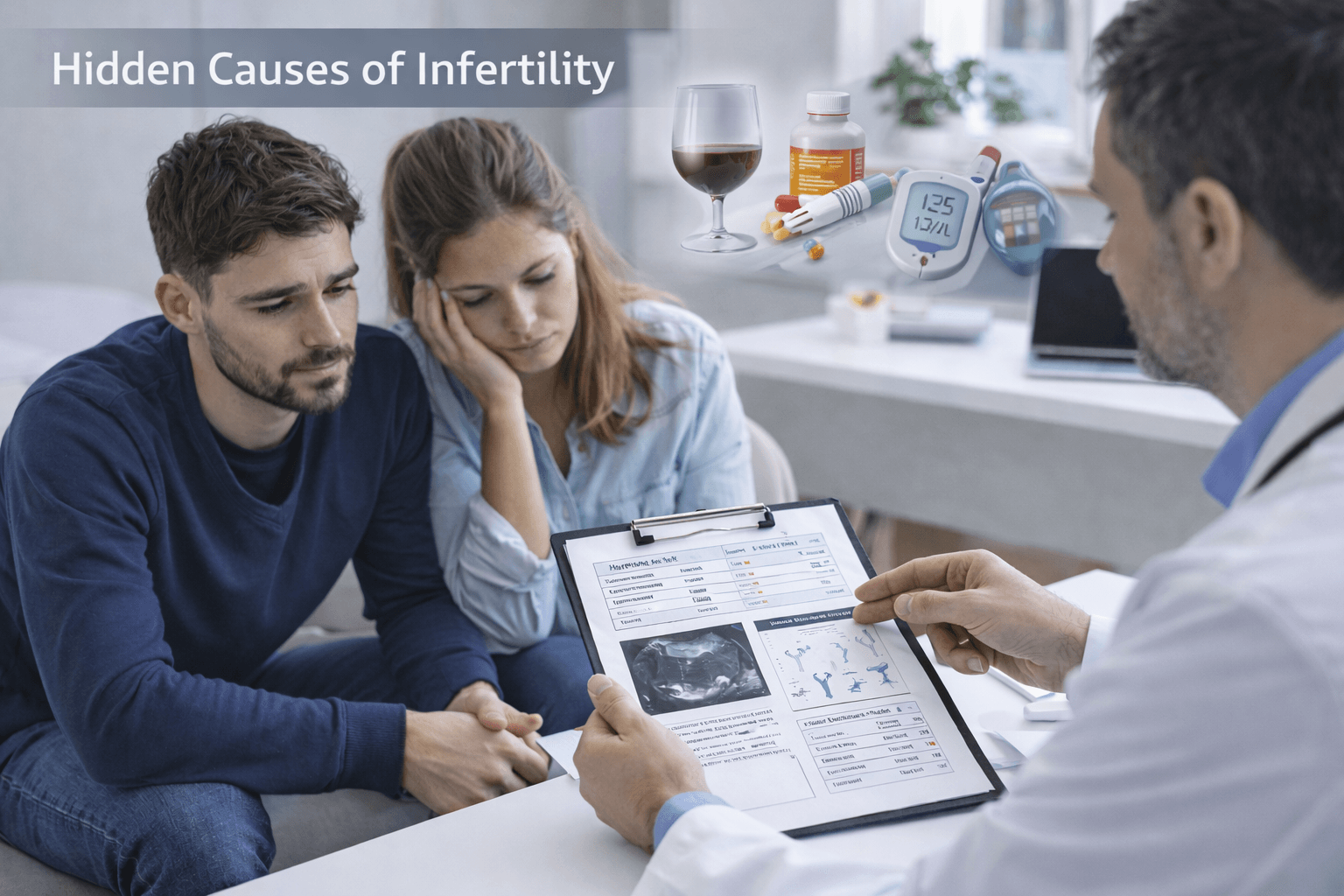 Doctor discussing hidden causes of infertility with a concerned couple during fertility consultation in a modern reproductive health clinic.