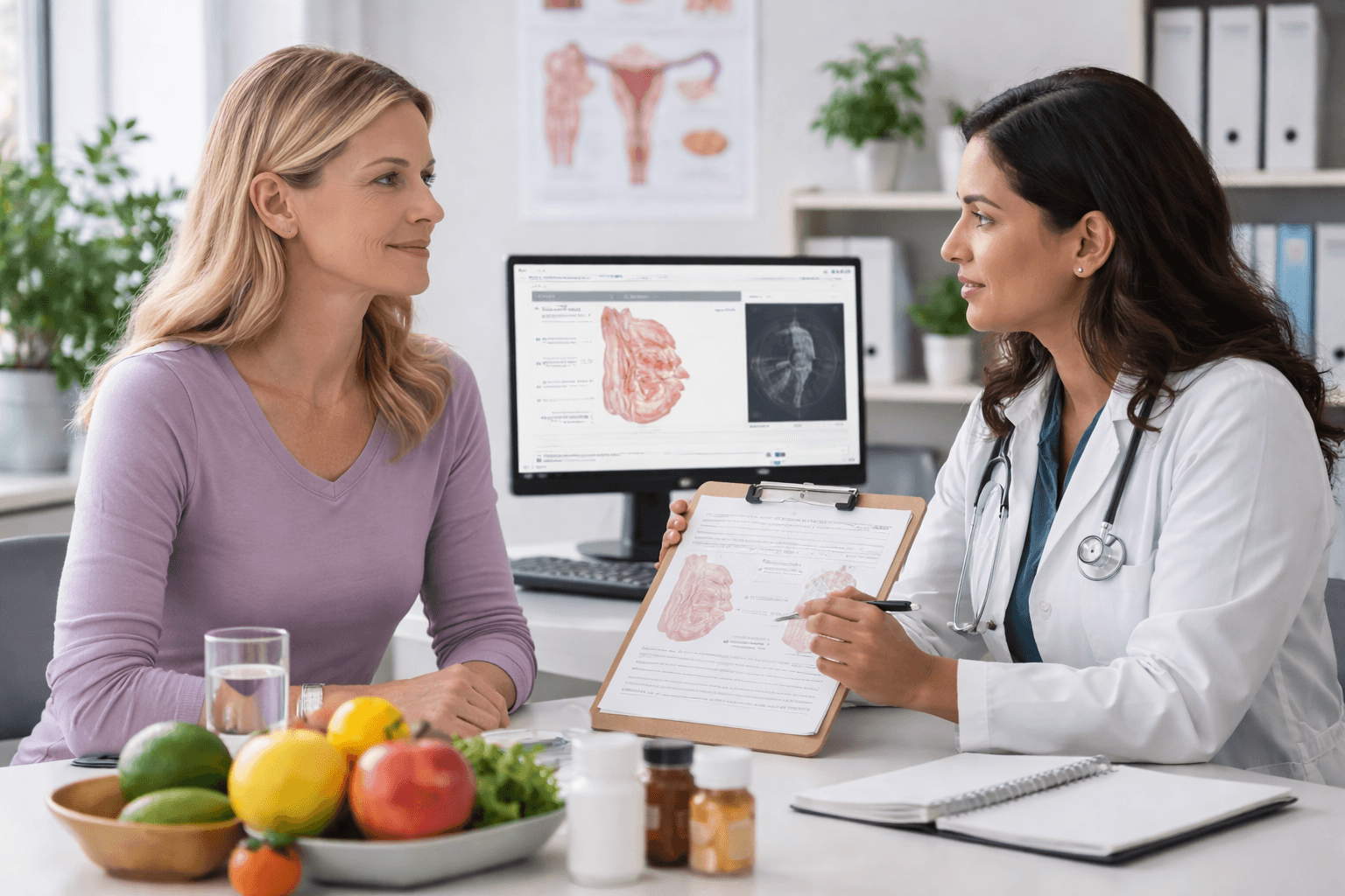 Middle aged fair skinned woman discussing high risk breast cancer prevention plan with doctor in clinical office setting