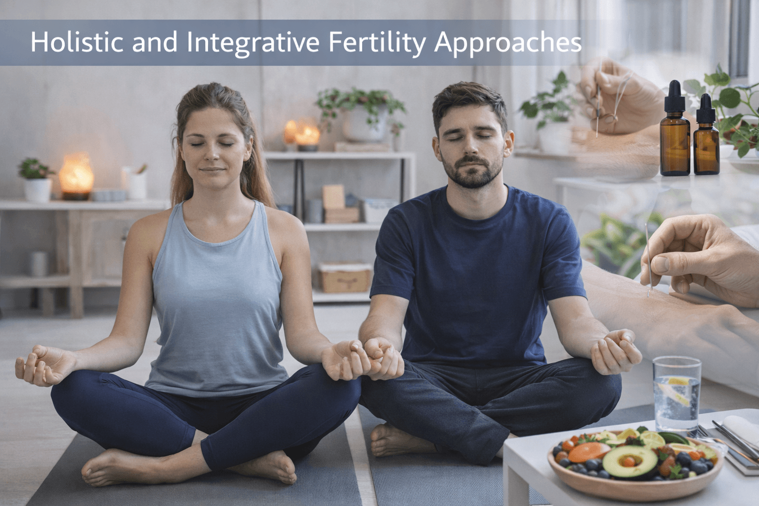 Couple practicing meditation and wellness therapies such as acupuncture and healthy nutrition representing holistic and integrative approaches to improving fertility.