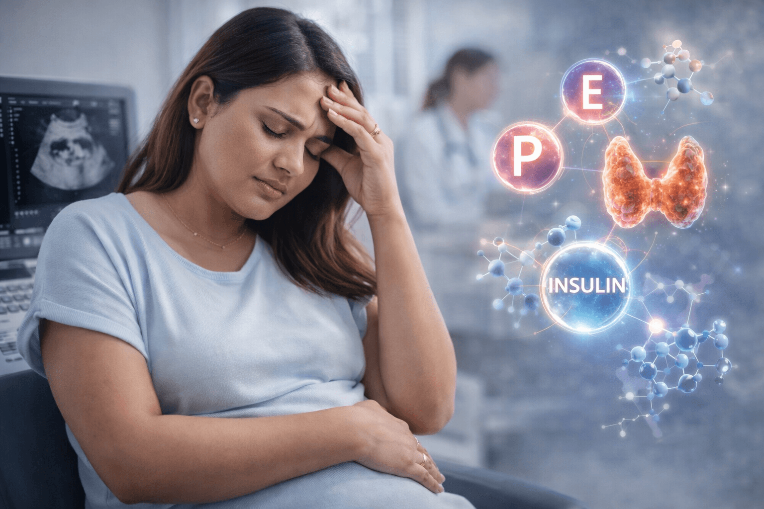 Hormonal Imbalance And Miscarriage Risk Pregnant woman experiencing stress in a clinical setting with visual representation of progesterone, estrogen, thyroid, and insulin hormones illustrating hormonal imbalance as a possible cause of miscarriage