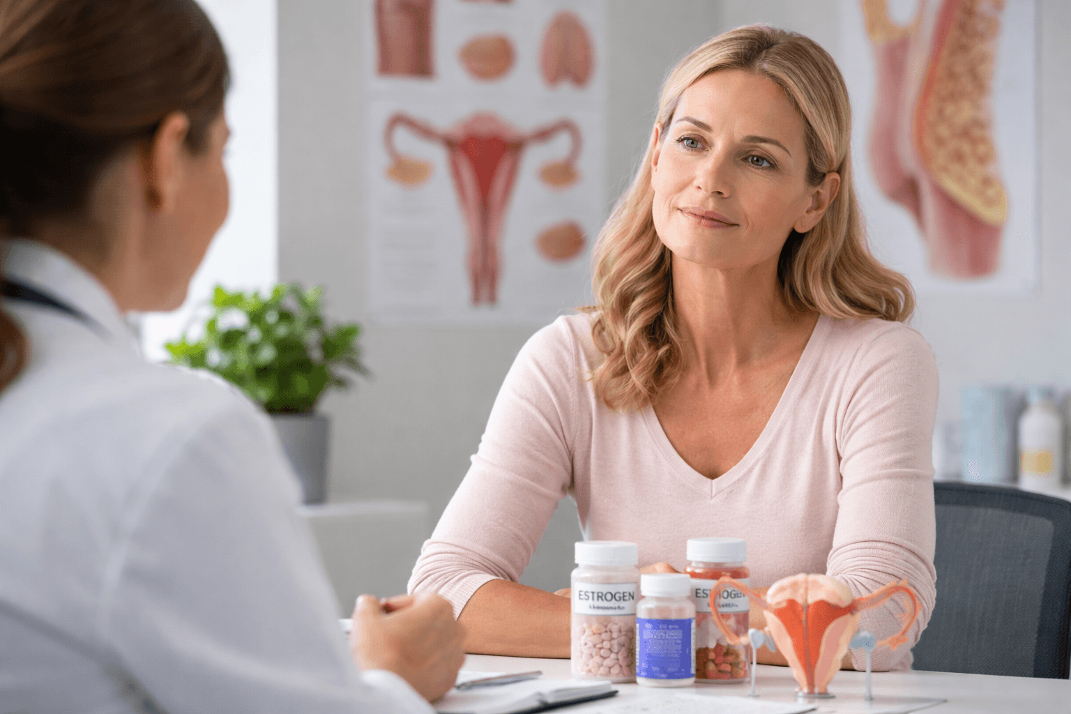 Breast cancer patient consulting doctor about estrogen receptor positive treatment and hormonal therapy options