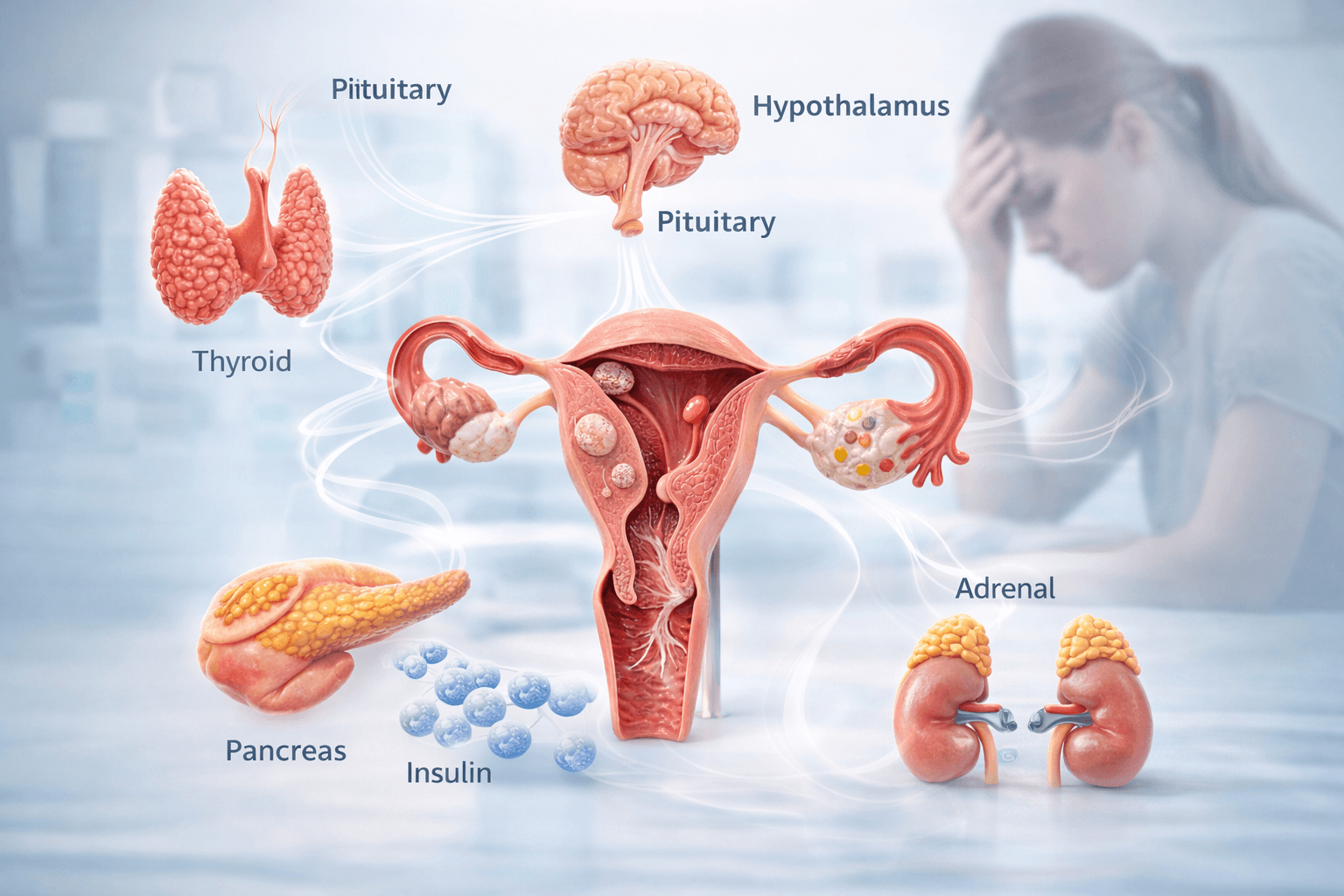 Medical illustration showing hormonal and endocrine glands influencing female fertility including hypothalamus pituitary thyroid pancreas insulin and adrenal glands regulating reproductive hormones.
