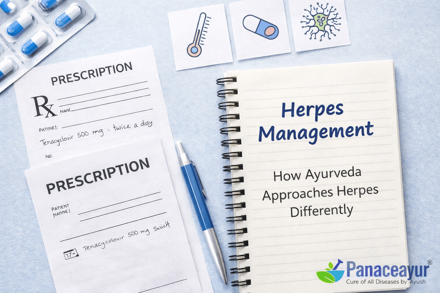 Editorial flat-lay image showing herpes management notes, prescription medication, and clinical context illustrating how ayurveda approaches herpes through long-term internal correction rather than symptom suppression