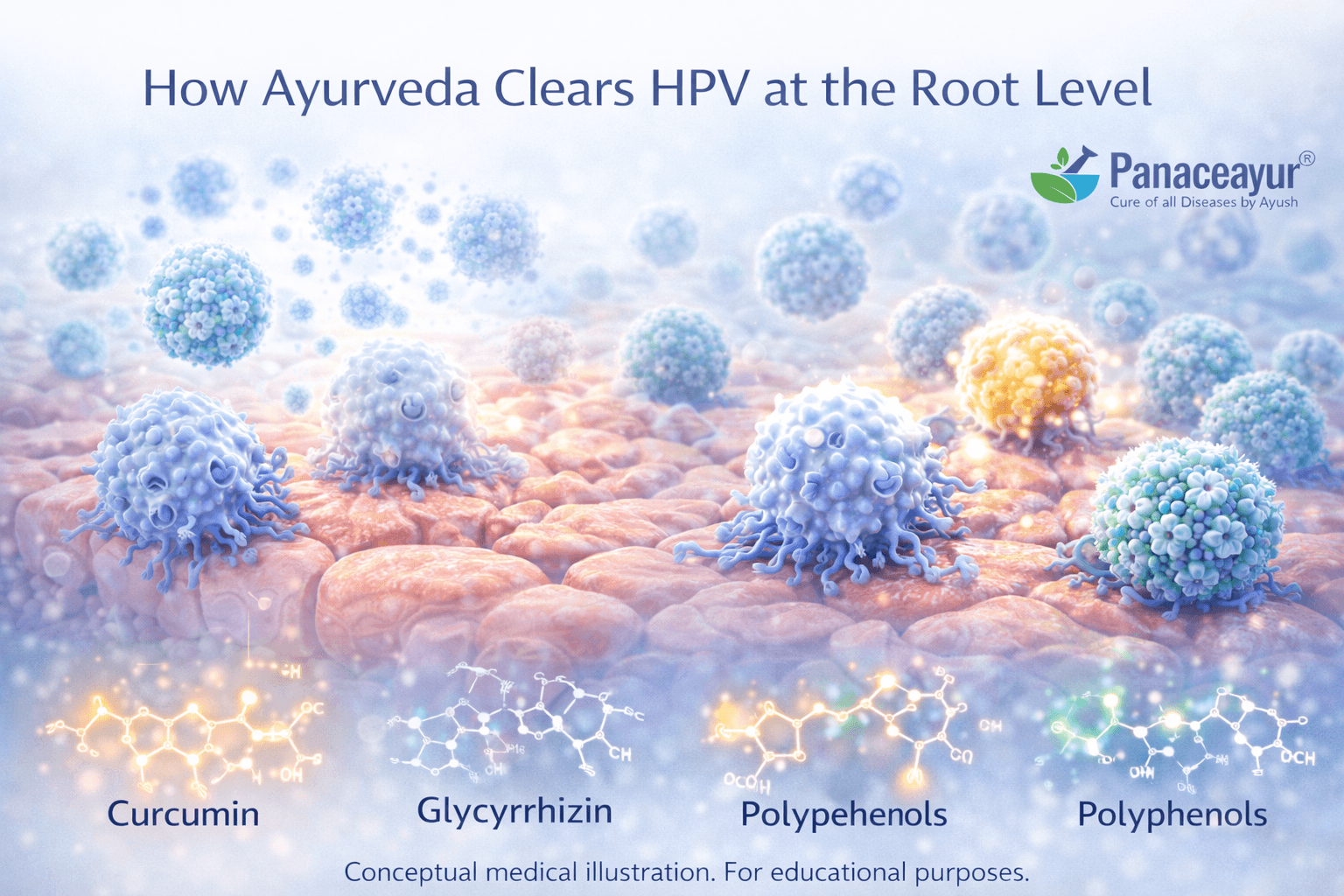 Clinical illustration showing how ayurvedic therapy supports immune function and reduces human papillomavirus activity at the tissue level