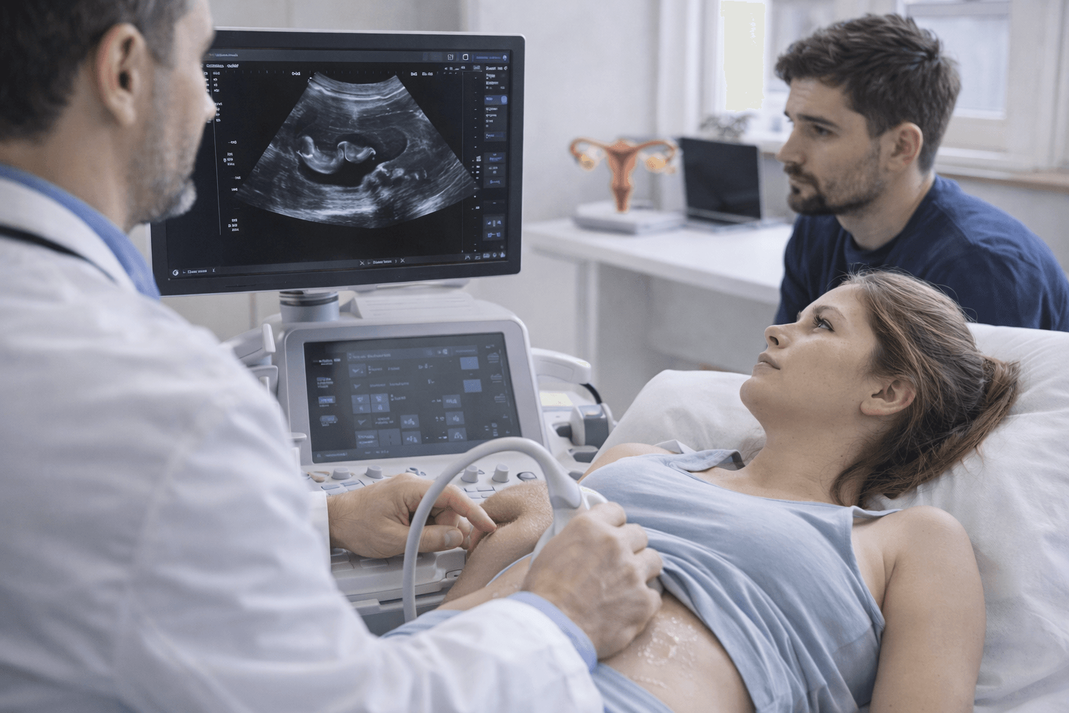 Doctor performing fertility ultrasound examination on a woman while her partner observes the diagnostic screen during infertility evaluation in a reproductive health clinic.