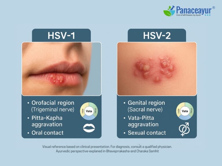 Realistic comparison of HSV-1 and HSV-2 herpes symptoms with Ayurvedic dosha mapping and transmission routes.