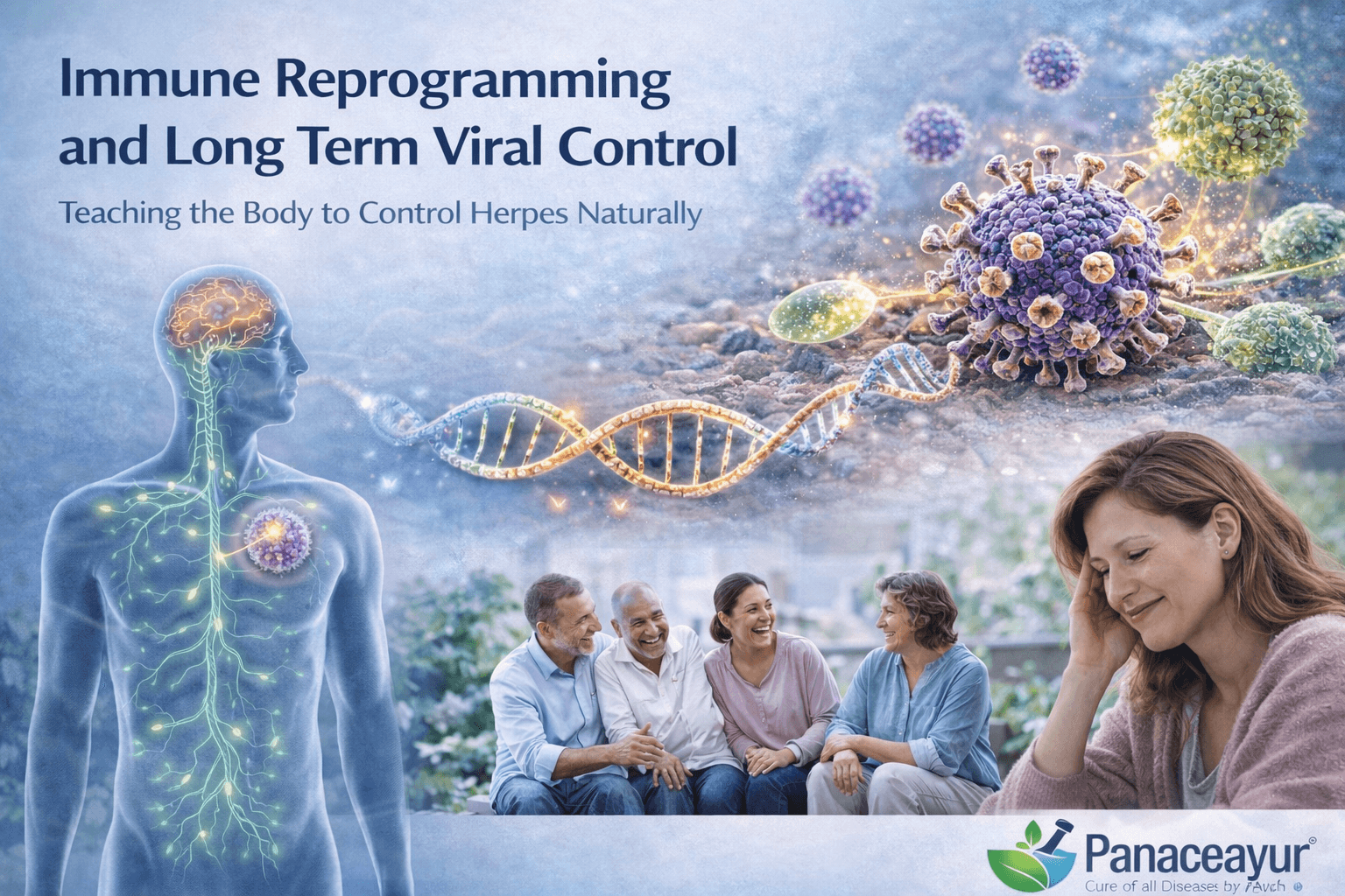 Clinical illustration showing immune reprogramming for herpes control, with immune cells suppressing herpes virus activity, improved nervous system signaling, and a patient consulting a doctor in a calm clinical setting.