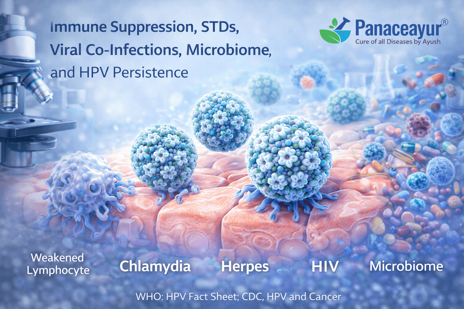 Clinical microscopic illustration showing human papillomavirus interacting with immune cells, co-infections, and microbiome imbalance contributing to hpv persistence