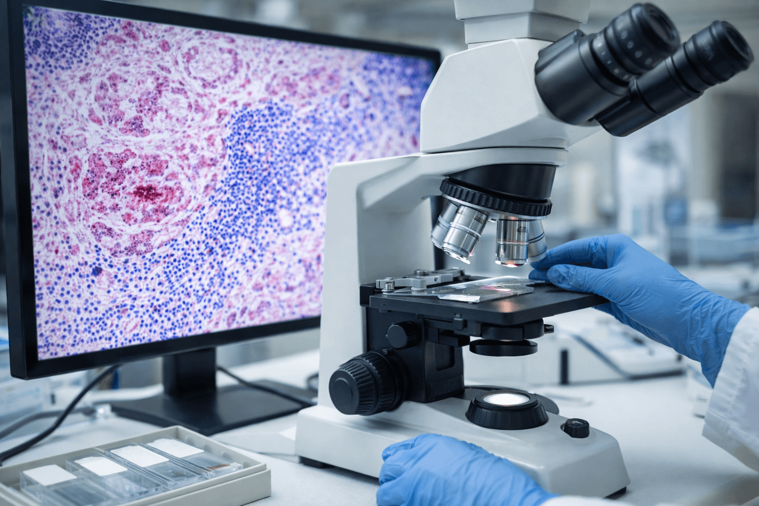 Pathology laboratory microscope examining breast tumor tissue slide with visible immune cell infiltration on monitor