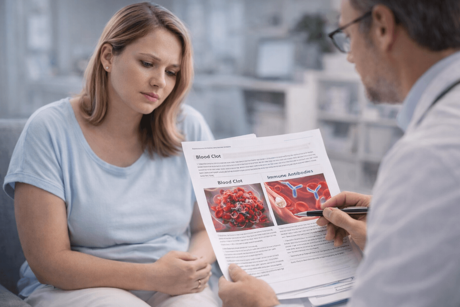 Immune And Clotting Disorders And Miscarriage Risk Pregnant woman consulting a doctor reviewing medical documents explaining blood clot formation and immune antibodies associated with miscarriage and pregnancy complications