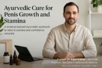 A confident, healthy man in his 30s sitting in a modern Ayurvedic clinic with soft natural lighting, herbal jars, and green plants in the background, symbolizing male vitality and stamina through Ayurveda.