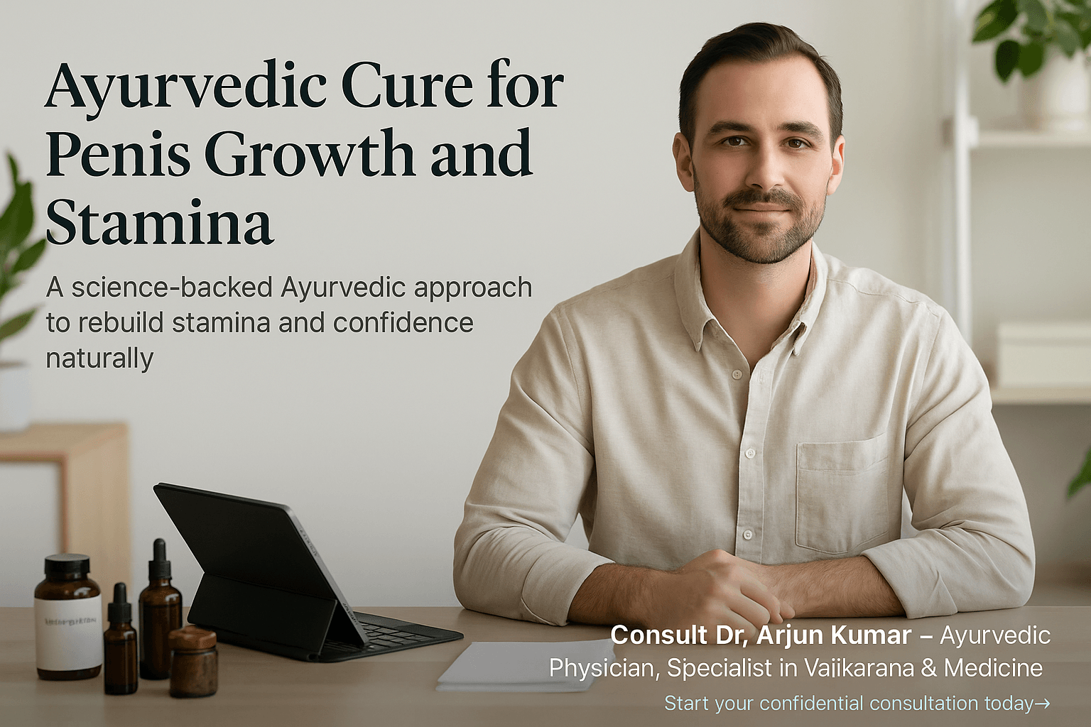A confident, healthy man in his 30s sitting in a modern Ayurvedic clinic with soft natural lighting, herbal jars, and green plants in the background, symbolizing male vitality and stamina through Ayurveda.