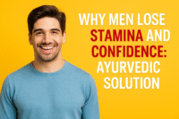 Confident young man smiling in front of a bright yellow background, symbolizing restored stamina and confidence through Ayurvedic healing.