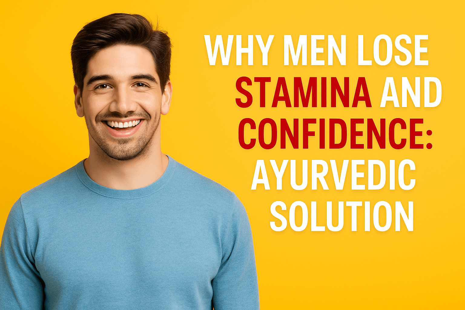 Confident young man smiling in front of a bright yellow background, symbolizing restored stamina and confidence through Ayurvedic healing.