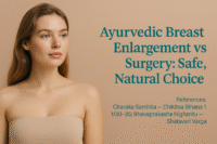 Photorealistic image of a confident Western woman symbolizing natural Ayurvedic breast enlargement, featuring elegant title text “Ayurvedic Breast Enlargement vs Surgery: Safe, Natural Choice” with classical references from Charaka Samhita and Bhavaprakasha.