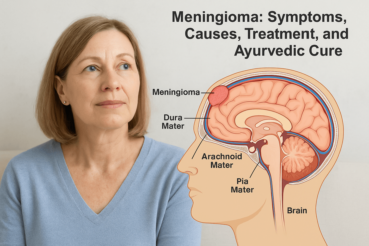 Real female model with transparent side-view brain illustration highlighting meningioma tumor on the meninges, labeled dura mater, arachnoid mater, and pia mater, in Healthline-style educational design.