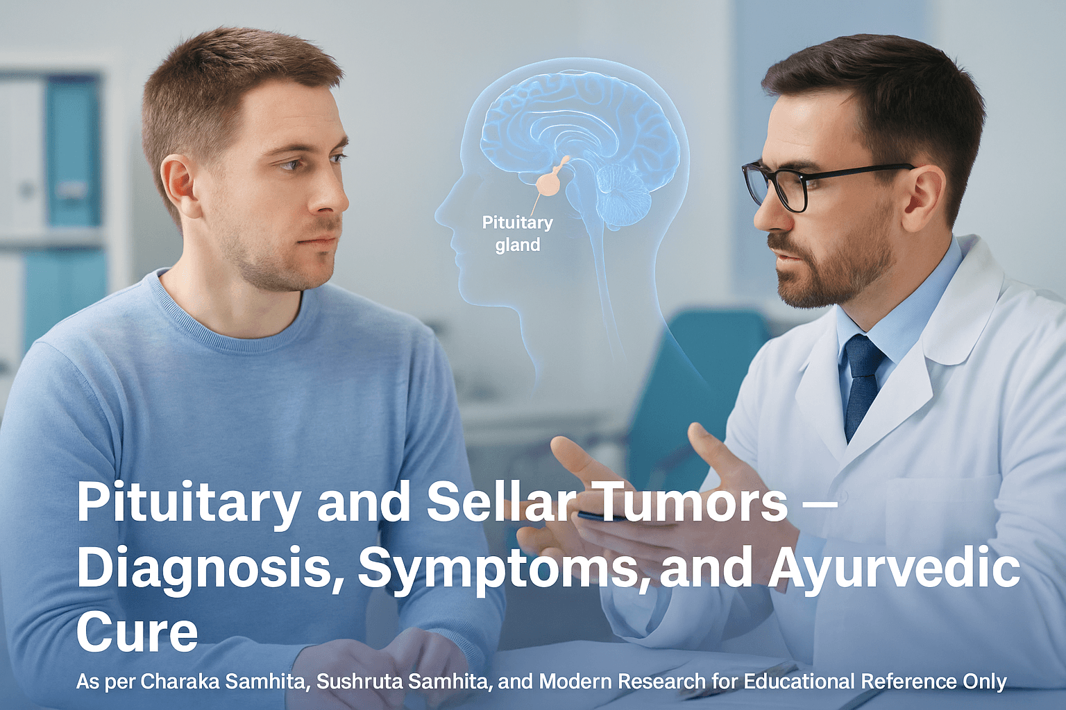 Photorealistic image showing a fair-skinned male patient consulting a doctor in a clinical room, with a digital hologram of the brain highlighting the pituitary gland. Text reads “Pituitary and Sellar Tumors – Diagnosis, Symptoms, and Ayurvedic Cure.” Educational reference as per Charaka Samhita, Sushruta Samhita, and modern research.