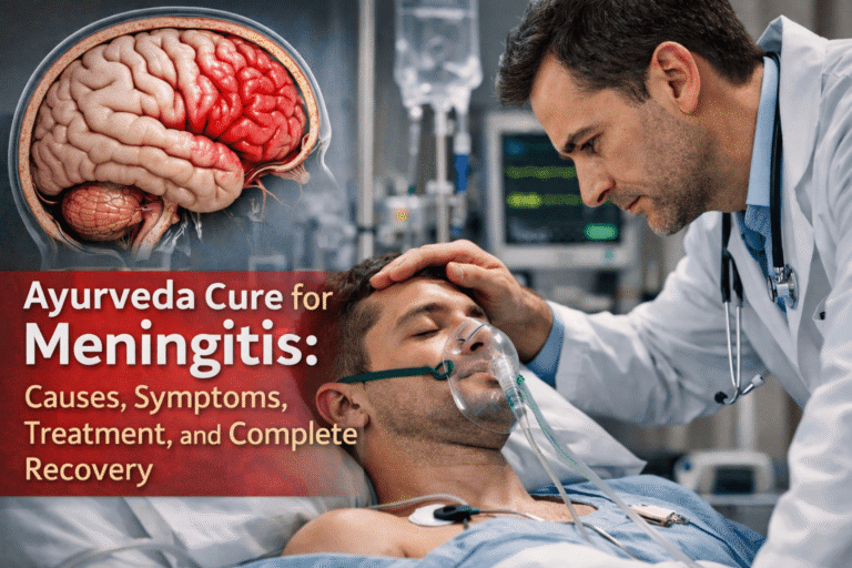 Ayurveda cure for meningitis showing brain inflammation and patient receiving medical care for complete neurological recovery