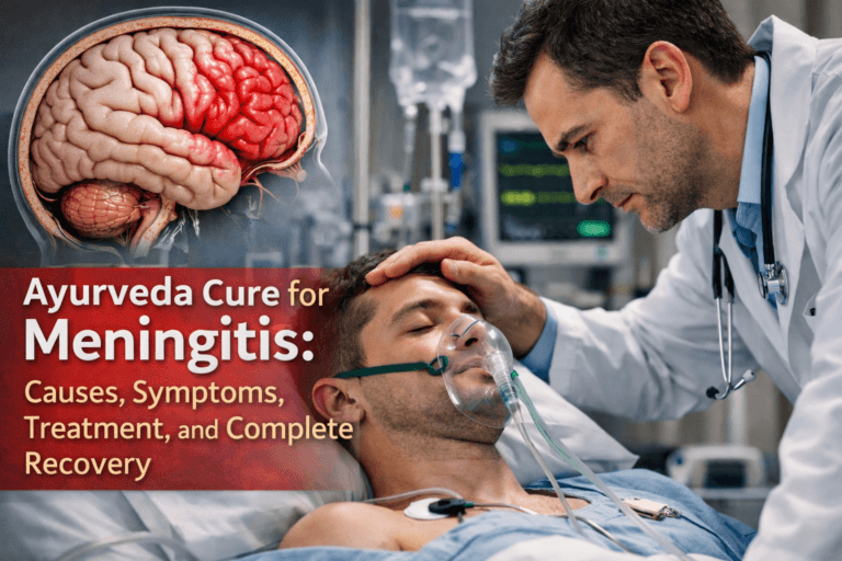 Ayurveda cure for meningitis showing brain inflammation and patient receiving medical care for complete neurological recovery