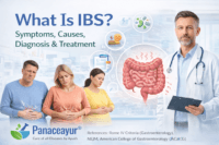 What is IBS infographic showing symptoms, causes, diagnosis, and treatment with doctor and intestinal illustration