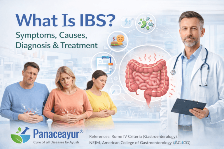 What is IBS infographic showing symptoms, causes, diagnosis, and treatment with doctor and intestinal illustration