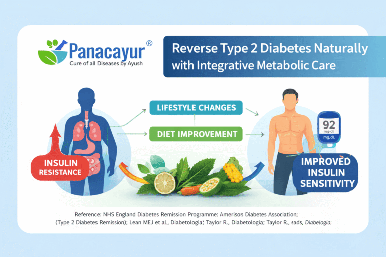 Integrative metabolic care illustration showing reversal of type 2 diabetes through improved insulin sensitivity, diet, lifestyle changes, and evidence-based holistic support