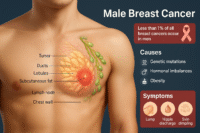 3D medical infographic of male breast cancer showing a tumor beneath the nipple with ducts, lobules, lymph nodes, and labeled structures. Includes causes and symptoms for awareness.