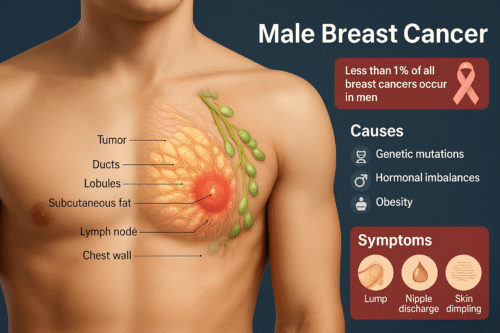 3D medical infographic of male breast cancer showing a tumor beneath the nipple with ducts, lobules, lymph nodes, and labeled structures. Includes causes and symptoms for awareness.