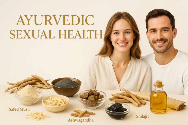 A smiling Western couple sitting together in a modern wellness setting with Ayurvedic herbs like Ashwagandha, Safed Musli, and Shilajit arranged elegantly on a table, symbolizing Ayurvedic sexual health.