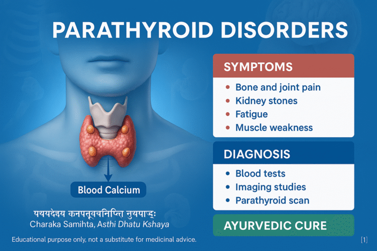 Photorealistic medical infographic of parathyroid disorders showing thyroid and parathyroid glands, symptoms, diagnosis, and Ayurvedic cure.