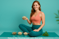 A confident woman sitting on a yoga mat with Ayurvedic herbs Vidari, Ashwagandha, and Musli, symbolizing natural hip development.