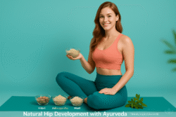 Home 28 A confident woman sitting on a yoga mat with ayurvedic herbs vidari, ashwagandha, and musli, symbolizing natural hip development.