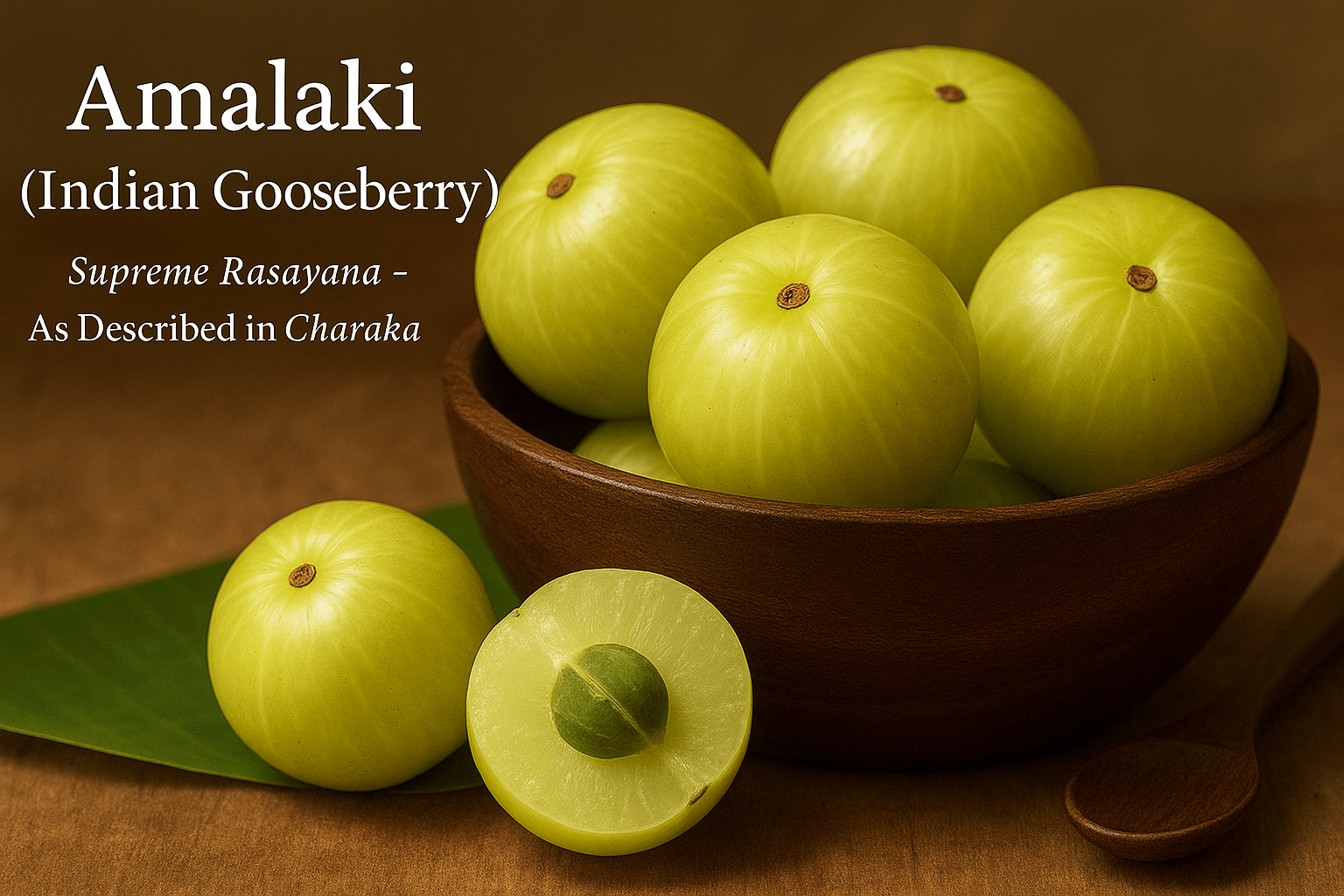 A wooden bowl filled with fresh green Indian gooseberries (Amalaki), one cut open to reveal the seed, highlighting Amalaki as the supreme Rasayana described in Charaka Samhita.