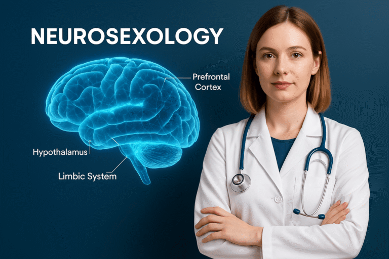 Female doctor in a white coat presenting a holographic human brain with highlighted regions—hypothalamus, limbic system, and prefrontal cortex—under the title Neurosexology in a clinical educational setting.