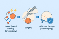 Infographic showing neoadjuvant therapy before surgery, surgical tumor removal, and adjuvant therapy after surgery in cancer care.