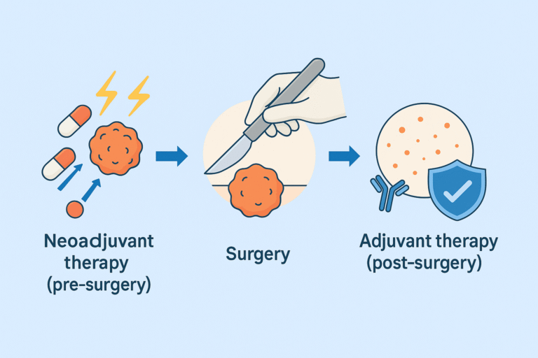 Infographic showing neoadjuvant therapy before surgery, surgical tumor removal, and adjuvant therapy after surgery in cancer care.