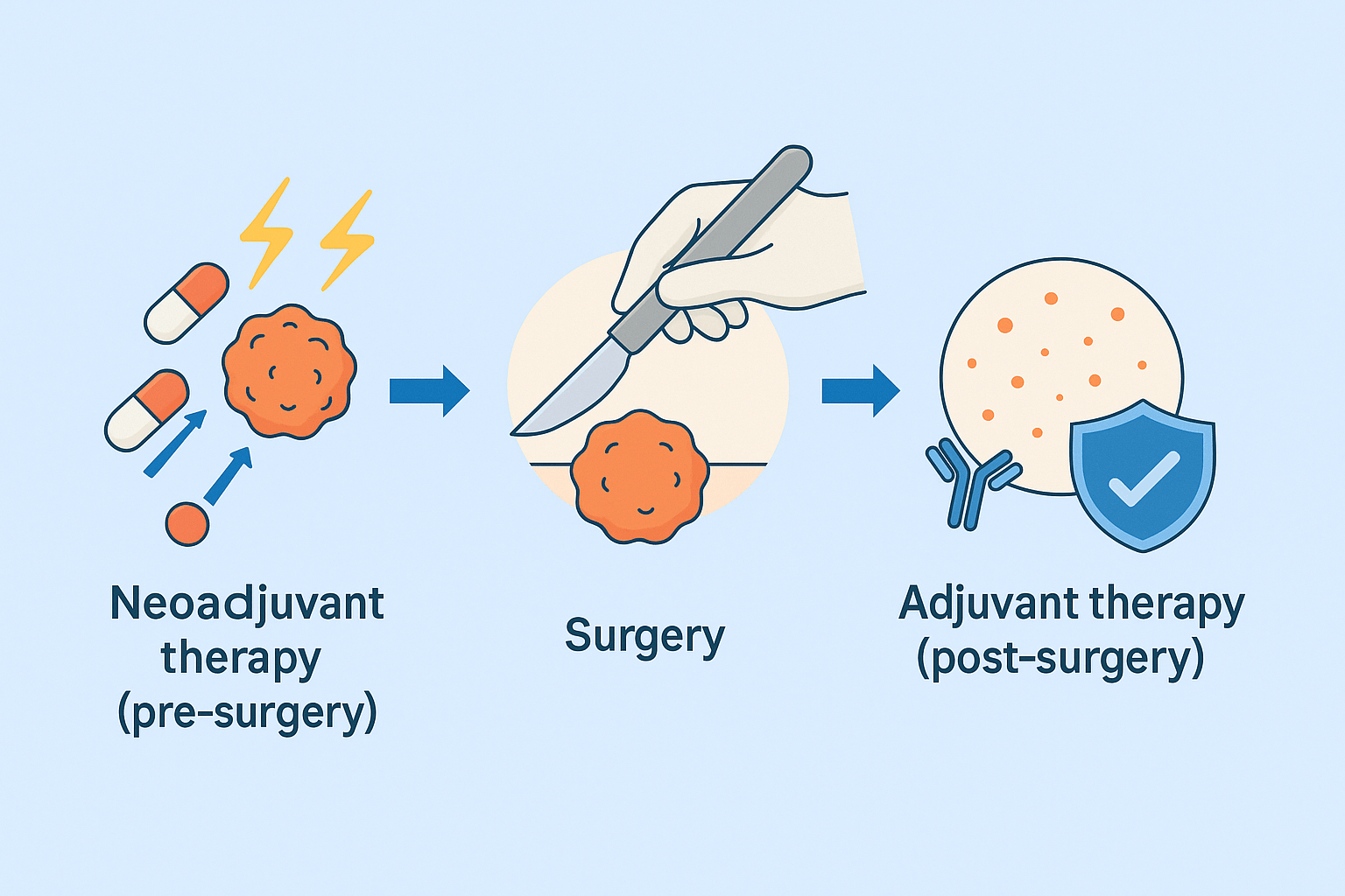 Infographic showing neoadjuvant therapy before surgery, surgical tumor removal, and adjuvant therapy after surgery in cancer care.