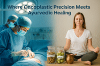 Photorealistic image showing modern oncoplastic breast surgery on the left and Ayurvedic healing with herbs and meditation on the right.