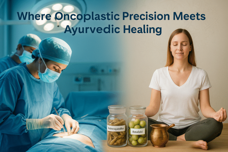 Photorealistic image showing modern oncoplastic breast surgery on the left and Ayurvedic healing with herbs and meditation on the right.