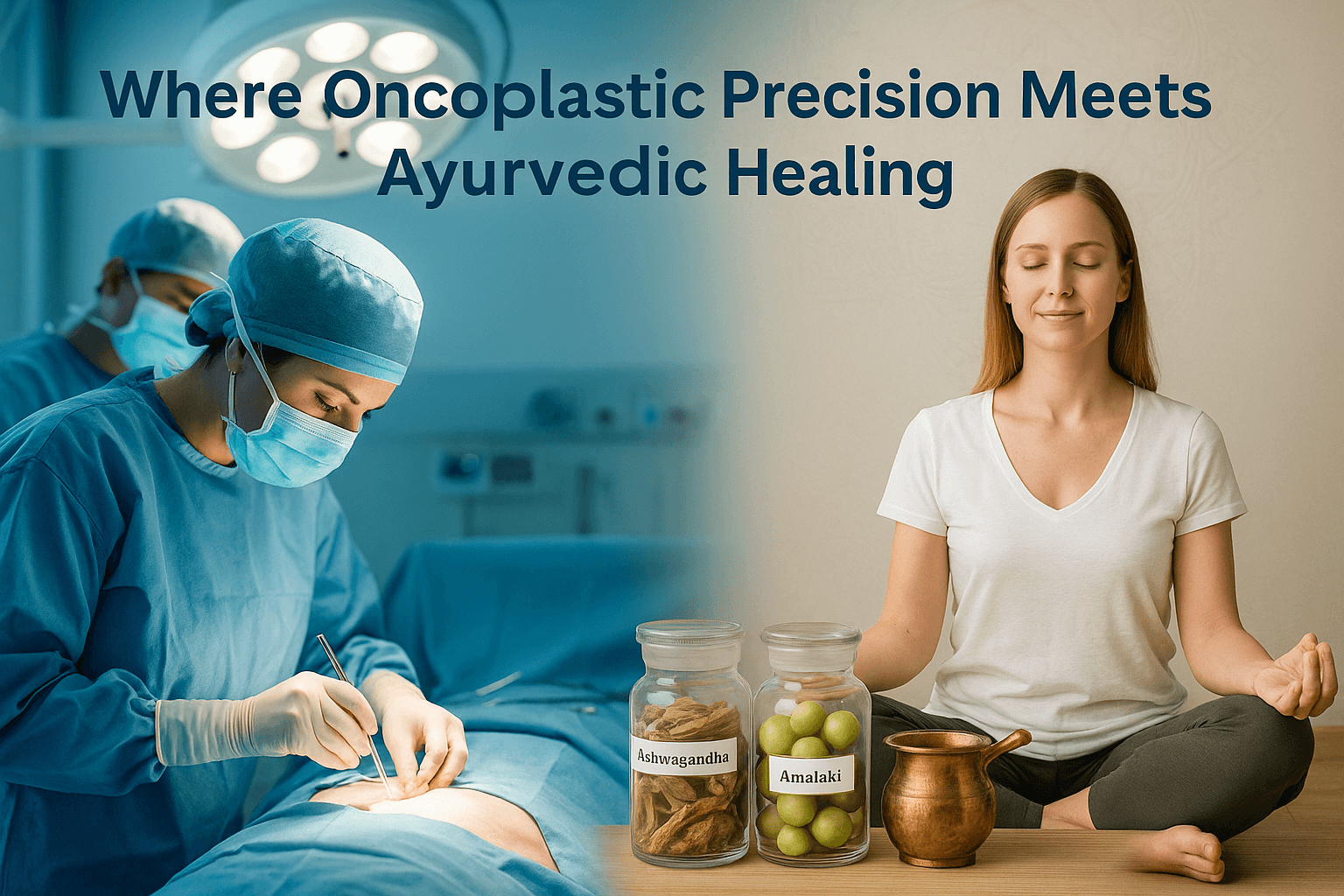 Photorealistic image showing modern oncoplastic breast surgery on the left and Ayurvedic healing with herbs and meditation on the right.