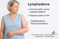 Photorealistic medical illustration of lymphedema in a breast cancer survivor showing swelling in the left arm, highlighting symptoms, diagnosis, and Ayurvedic care options.