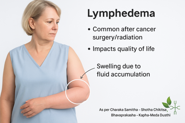 Photorealistic medical illustration of lymphedema in a breast cancer survivor showing swelling in the left arm, highlighting symptoms, diagnosis, and Ayurvedic care options.