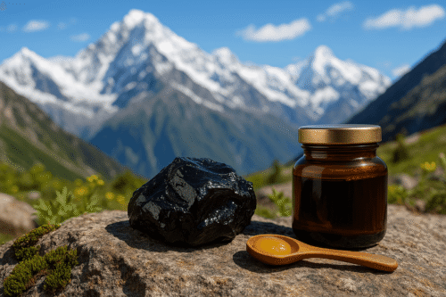 A piece of raw shilajit resin on a himalayan rock with a glass jar of purified shilajit and a wooden spoon, with snow-capped mountains in the background.