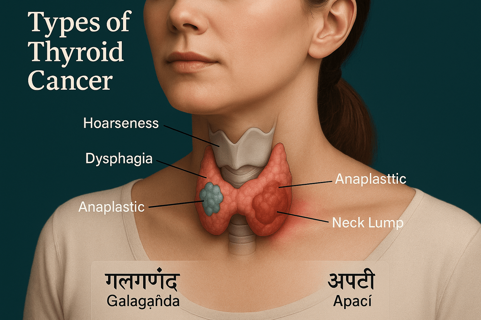 Photorealistic medical illustration of thyroid cancer types showing differentiated (blue), medullary (green), and anaplastic (red) with symptoms and Ayurvedic terms Galaganda and Apachi.