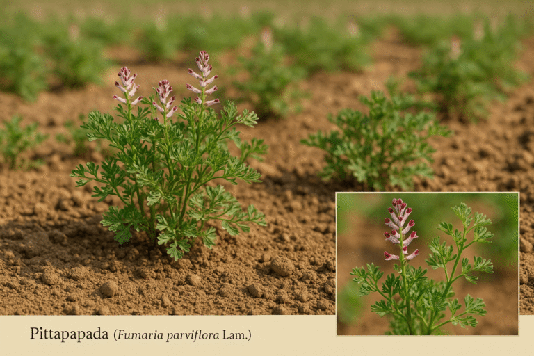 Photorealistic image of Pittapapada (Fumaria parviflora) plants growing in a cultivated farm field with feathery green leaves and pinkish-purple flowers, including an inset close-up of the flower and leaf structure.
