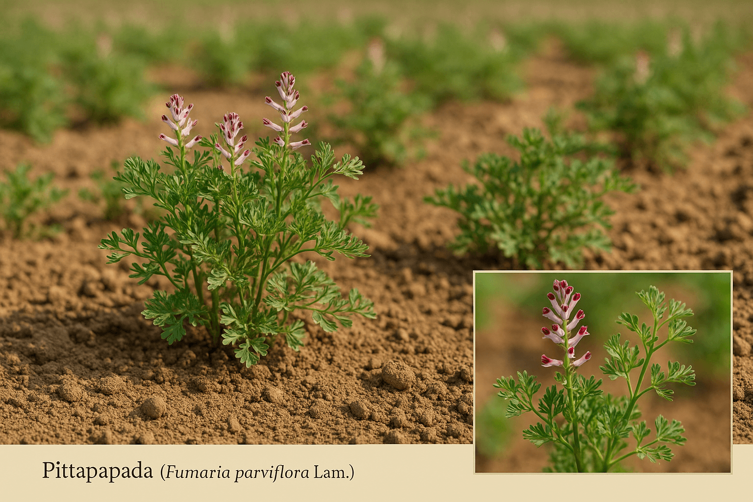 Photorealistic image of Pittapapada (Fumaria parviflora) plants growing in a cultivated farm field with feathery green leaves and pinkish-purple flowers, including an inset close-up of the flower and leaf structure.