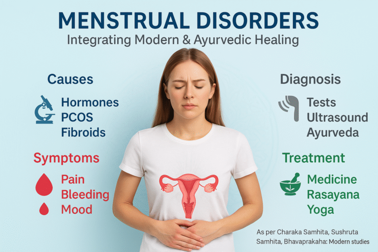 Photorealistic infographic on menstrual disorders featuring a young woman with a uterus illustration on her abdomen, highlighting causes, symptoms, diagnosis, and Ayurvedic plus modern treatments.